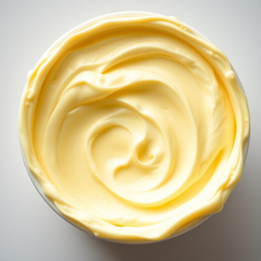 Create a high-resolution image of a tub of butter with smooth, creamy swirls, shot from a top-down perspective using a DSLR camera at f/5.6 aperture, ISO 100, and 1/100 sec shutter speed, with natural lighting for enhanced texture and detail.