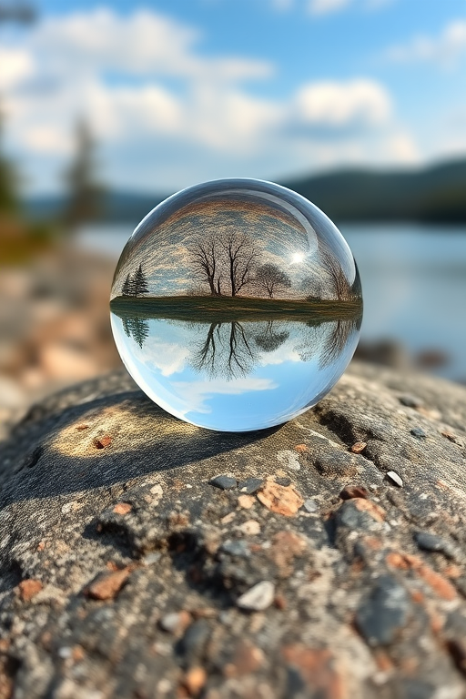 Capture a crystal ball resting on a textured rock, reflecting a scenic landscape with trees and water in the background, using a DSLR camera at f/2.8 for shallow depth of field, ISO 100, shutter speed 1/200 sec, with a macro lens for enhanced detail and clarity.