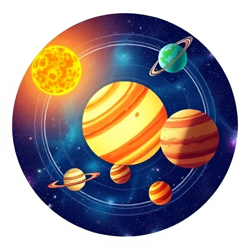 Create a vibrant illustration of the solar system with planets in their orbit, including the sun, using a digital art style and high-resolution settings at 300 DPI, with a wide-angle view to capture all planets in a linear arrangement, utilizing a digital drawing tablet for enhanced detail.