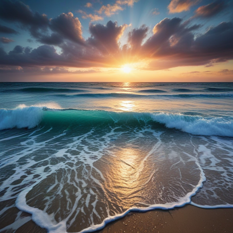 Tranquil Sunset Over Ocean Waves Reflecting Beautiful Colors on Shoreline