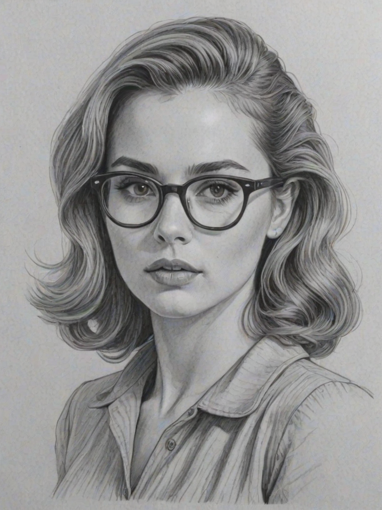 Bewitching Zoe Deutch, pencil sketch, portrait of Bewitching woman 1955s in glasses, hair style beatnik, outline, clear lines, fine lines, 8k