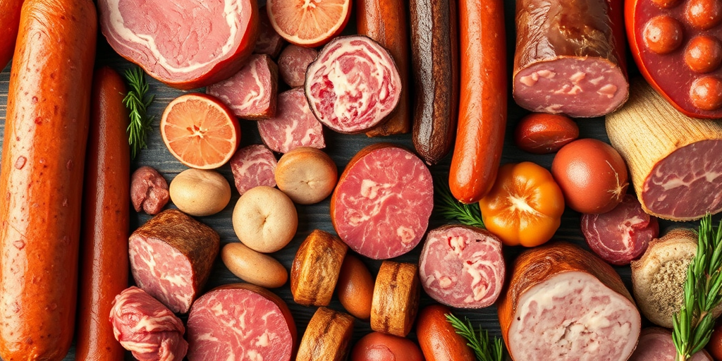Create a high-resolution illustration of various types of cured meats, including sausages and cured cuts, with a vivid color palette, using a top-down camera view, f/8 aperture, ISO 100, and soft lighting to enhance texture and detail.