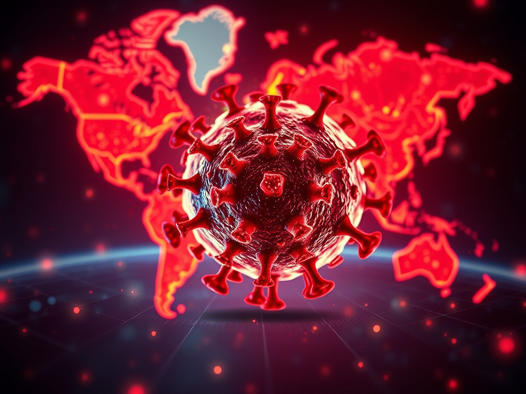 create a digital illustration of a stylized coronavirus overlaid on a glowing map of the world, using a high-resolution camera with a focal length of 35mm, aperture set to f/8 for sharpness, soft lighting to highlight the virus details, and a digital art style for vibrant color enhancement