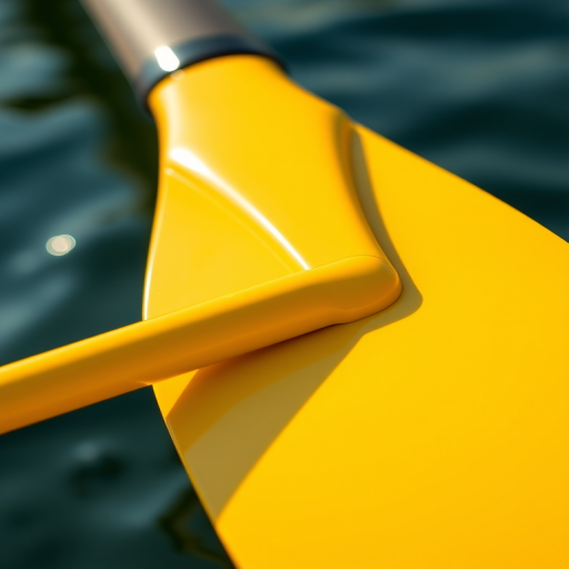 Create a high-resolution vector image of a yellow rowing paddle, using a DSLR camera for sharp details, f/4 aperture for a nice depth of field, 50mm lens for close-up focus, and natural lighting to enhance color vibrancy.