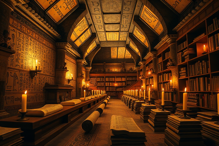 Create a highly detailed image of an ancient library filled with scrolls and books, illuminated by candlelight, detailed hieroglyphics on the walls, wide-angle view, warm color tones, using a full-frame DSLR camera at f/2.8, ISO 200, and a shutter speed of 1/60 seconds.