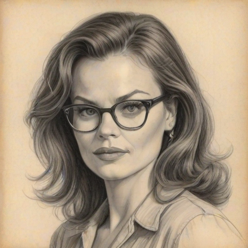 Delightful Dina Meyer, pencil sketch, portrait of Bewitching woman 1946s in glasses, hair style beatnik, outline, clear lines, fine lines, 8k