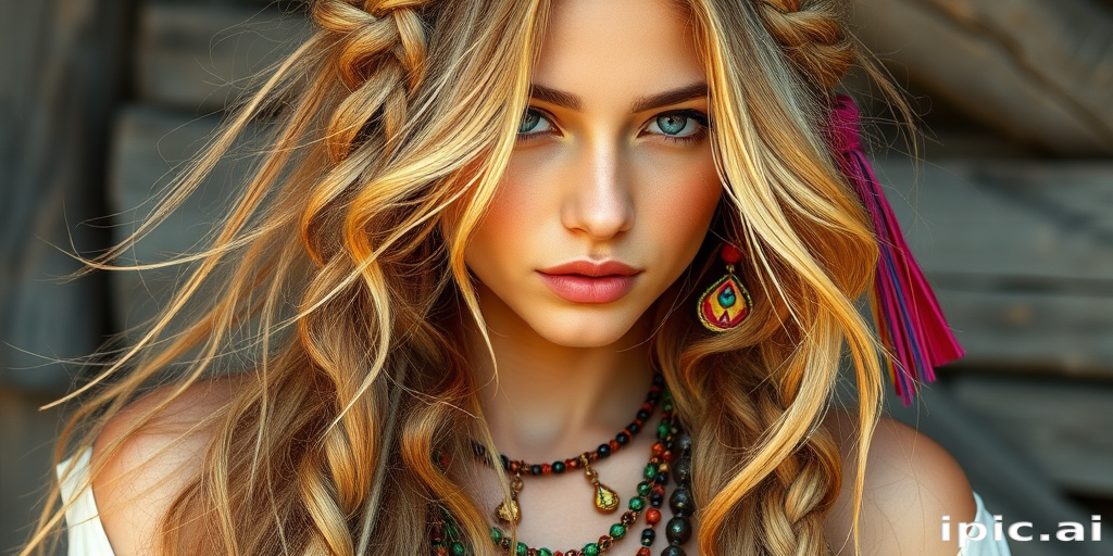 Bohemian beauty with long, tousled honey blonde locks adorned with intricate braids and adorned with colorful boho-inspired accessories