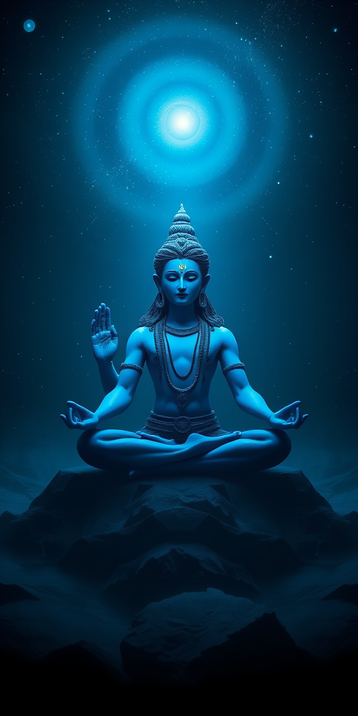 Create a vivid and serene depiction of a blue deity meditating in a dark cosmic environment, positioned symmetrically with soft glowing light emanating from above, shot with a DSLR camera at f/2.8, ISO 100, 50mm lens, in low light with a soft-focus effect to enhance the ethereal quality.