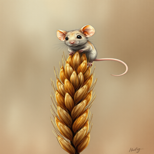 Soft, muted Alcohol Ink with ebru effect background image of tiny whimsical mousey, who climbed high on the top of a golden rye ear.