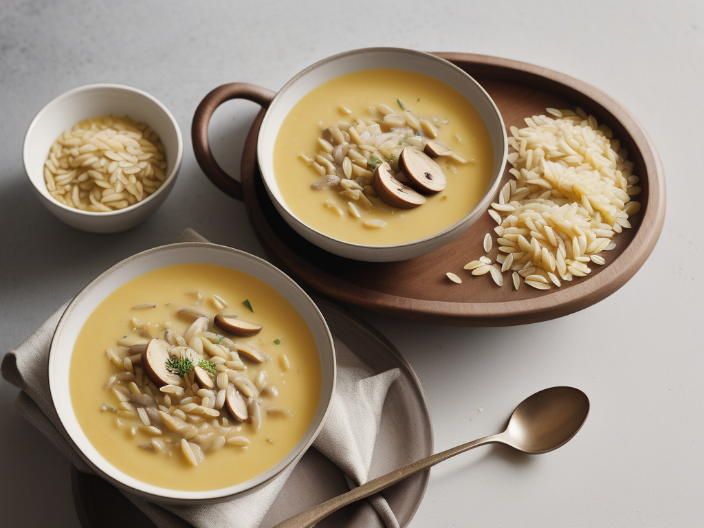 golden mushroom soup with buttered orzo