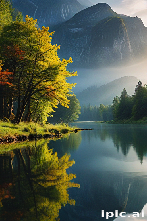 Tranquil Mountain Landscape with Lush Greenery and Reflective Waters at ...