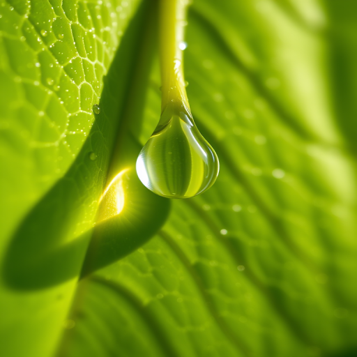 Sharp, detailed close-up of a raindrop clinging to a vibrant green leaf, soft sunlight reflecting off the water, with tiny veins of the leaf visible in intricate detail.