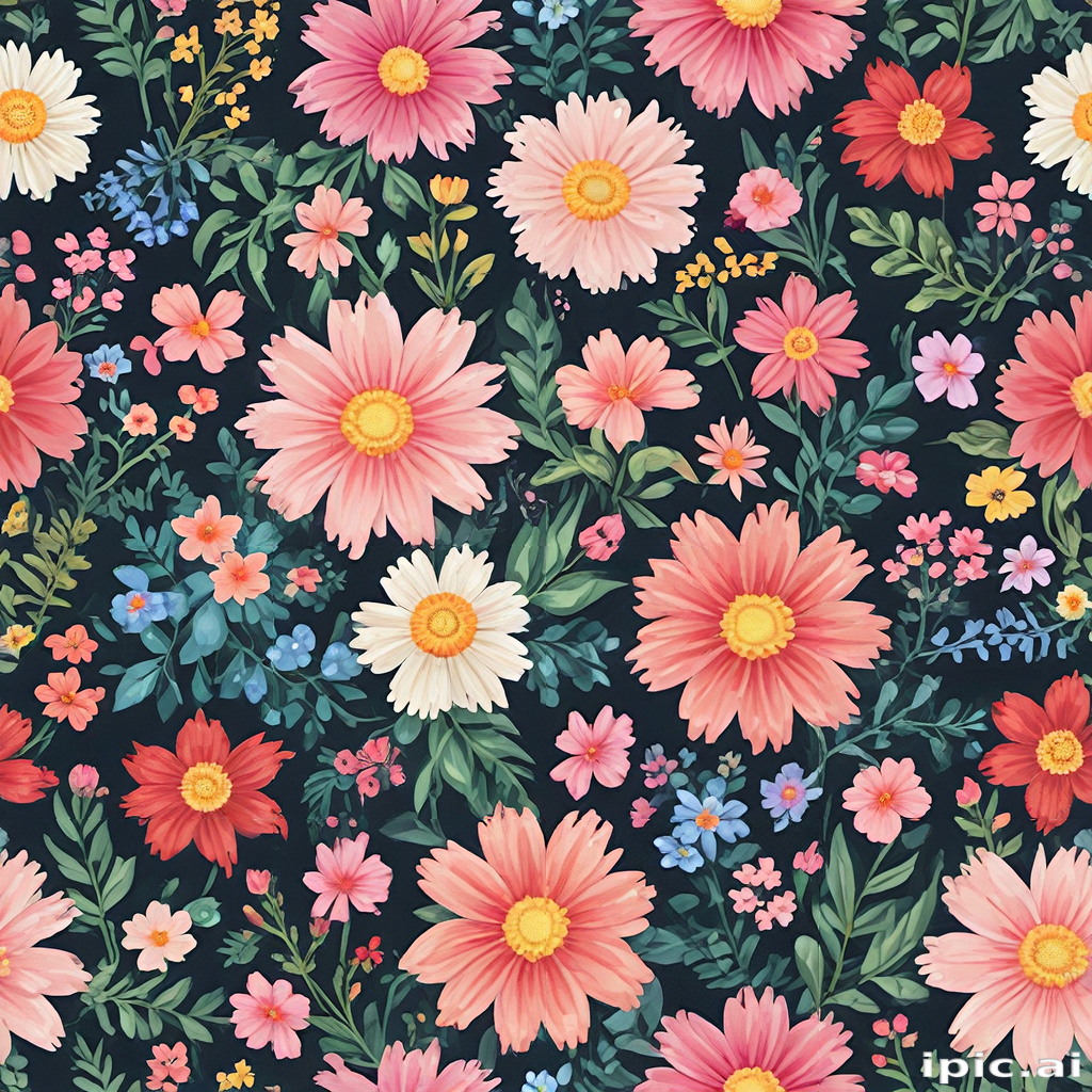 Vibrant Floral Pattern Featuring a Variety of Colorful Blooms and Leaves