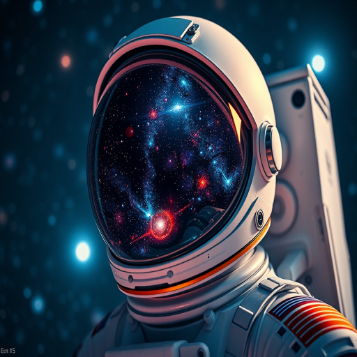 Create a high-resolution image of an astronaut in space, helmet reflecting the universe with vibrant stars and galaxies, using a Canon EOS R5, aperture f/1.8, ISO 200, 24mm focal length, shot in a surreal style with a focus on intricate details and cosmic lighting.
