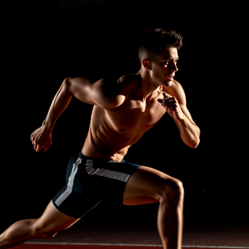 A dynamic shot of a male athlete sprinting, captured in low light with dramatic shadows, using a DSLR camera with a 50mm lens at f/1.8, ISO 400, shutter speed 1/1000s, side view angled at eye level for depth and intensity, emphasizing muscular definition and motion blur.
