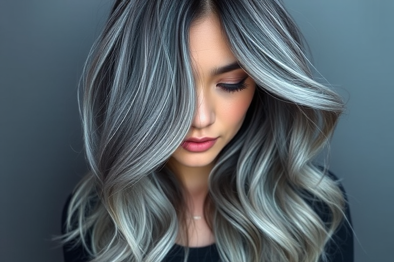 Smoky grey ombre flowing into steel blue, masterfully blended by "Urban Mist" colorists, with long, face-framing layers and soft beach waves, enhanced by subtle silver accents throughout, creating an ethereal, storm-cloud inspired aesthetic that's both dramatic and sophisticated.