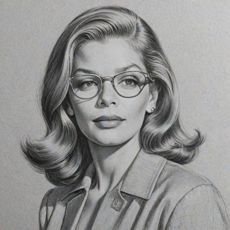 Radiant Lauren Bacall, pencil sketch, portrait of Enticing woman 1968s in glasses, hair style beatnik, outline, clear lines, fine lines, 8k