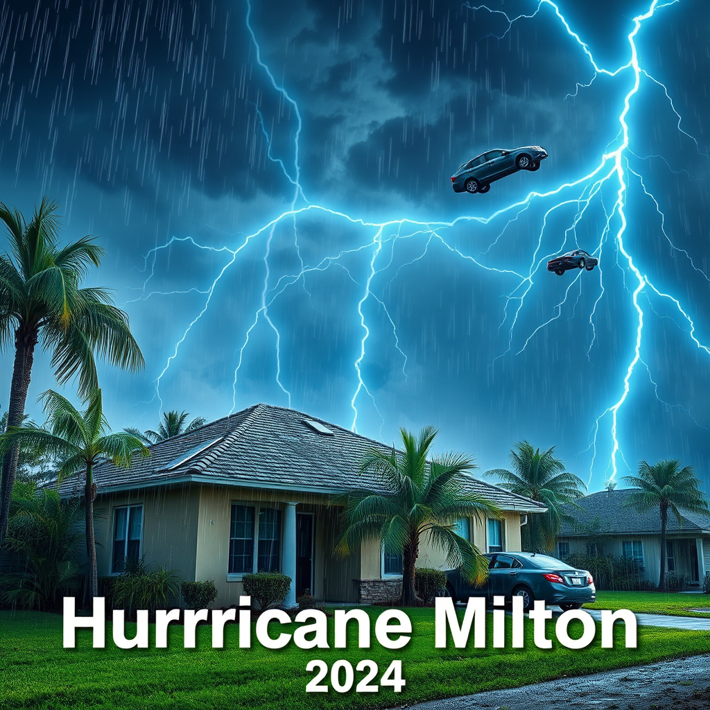 Hurricane Milton blows a roof off a home. Strong winds and rain blows sideways. Palm trees uprooted and bent over. Cars flying through the sky with debris. Sky is dark with thunder storms. Lightning strikes are fluorescent blue. Add text Hurricane Milton 2024