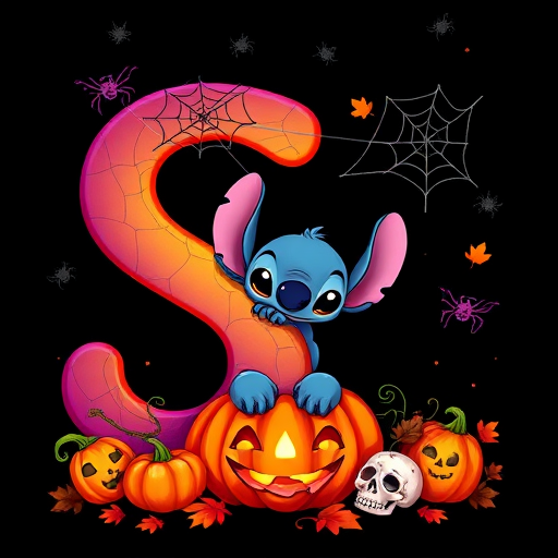 A whimsical and vibrant Halloween-themed digital illustration featuring the letter "S" adorned with spider webs, small bats, and cute spiders. At the base of the letter, a playful alien character similar to Stitch is peeking out from inside a carved pumpkin with glowing eyes, surrounded by additional pumpkins, a small skull, and autumn leaves. The letter is gradient-colored from orange to purple, adding a magical atmosphere to the scene, black background