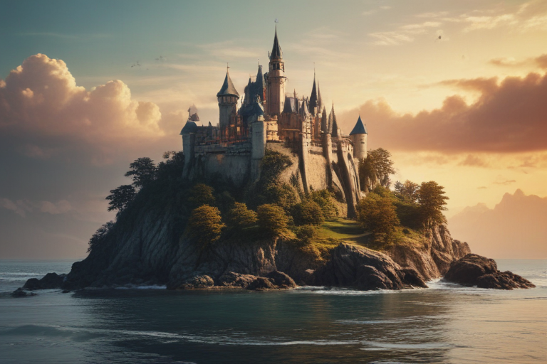 Majestic Castle on a Rocky Island Surrounded by Tranquil Waters at Sunset