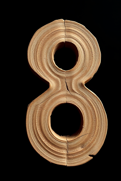 Create a high-resolution image of the number 8 made from rough, textured wood with natural grain details, focused on a black background, using a DSLR camera with a 50mm lens, aperture f/1.8, ISO 100, and a 1/200s shutter speed for optimal clarity and depth of field.