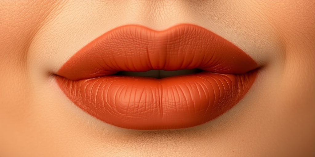 Matte terracotta lips with earthy undertones, perfectly lined and defined shape, warm and inviting color, chic Desert Clay Suede design