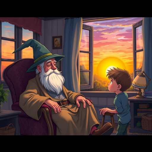 Create an illustration of an elderly wizard sitting on a chair, sharing a moment with a curious young boy in a cozy room with a colorful sunset visible through a window, use a digital art style, camera settings: ISO 100, aperture f/8, shutter speed 1/250s, camera view: wide angle, camera type: DSLR, enhance colors and detail in the characters and background.
