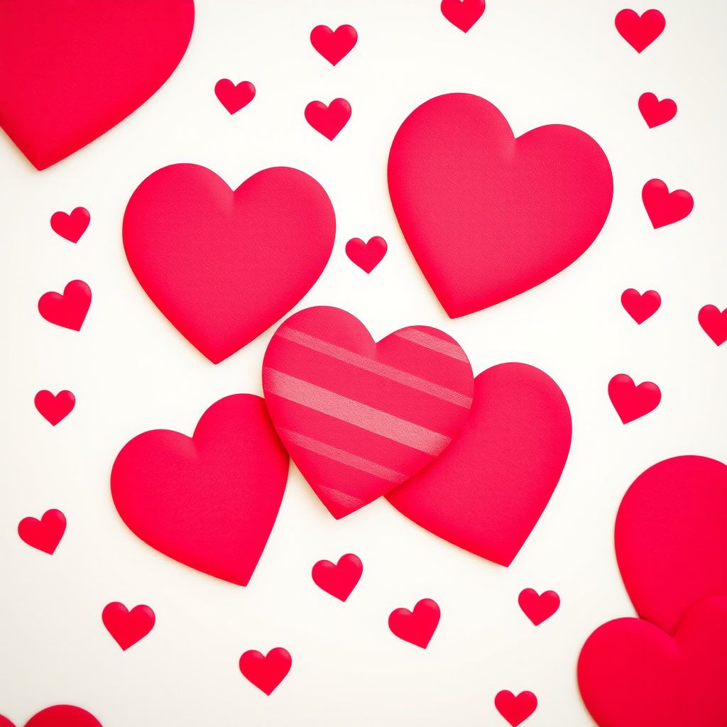 Create an image of a stylized heart pattern with large red hearts featuring white stripes, surrounded by smaller red hearts on a soft pastel background, using a DSLR camera with a 50mm lens at f/1.8, ISO 100, and a shallow depth of field for enhanced bokeh effect.