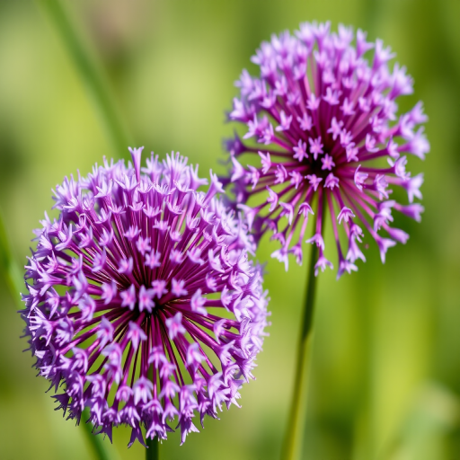 macro shot of two round purple allium flowers with a blurred green background, f/2.8 aperture, 1/200 sec shutter speed, ISO 100, natural light, DSLR camera, close-up view, vibrant colors and sharp details