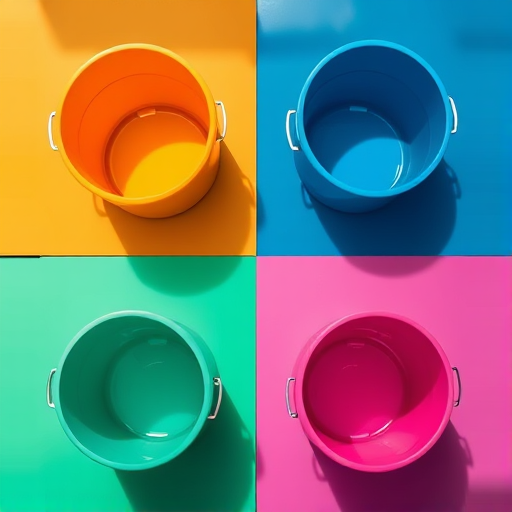 Create a high-resolution image of four colored buckets arranged in a 2x2 grid, using a DSLR camera with a 50mm lens, f/2.8 aperture, ISO 100, and a soft natural lighting setup to enhance shadows and highlights, shot from a top-down view to capture the vibrant colors and smooth gradients.