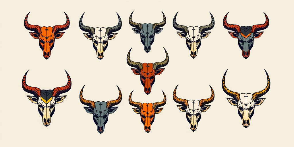Create a high-resolution digital illustration of various horned designs arranged in a visually appealing layout, shot with a DSLR camera at f/8 aperture, ISO 200, and a 50mm lens to enhance detail and color vibrancy.