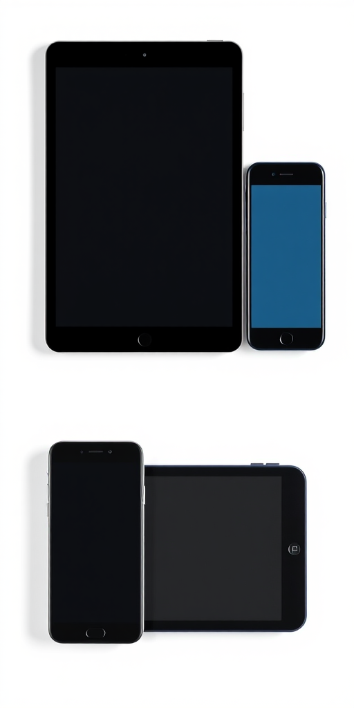 Three electronic devices - a smartphone, tablet, and computer - displayed against a clean white background, using a Canon EOS R5, 50mm lens, f/8, ISO 100, and a softbox lighting setup for a high-quality and professional look.