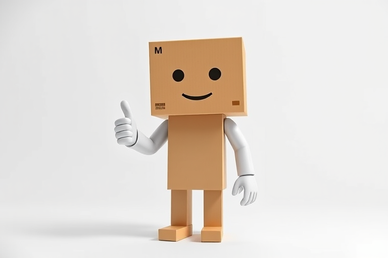 Create a 3D rendering of a humanoid figure with a box for a head featuring a smiling face, standing with thumbs up, soft shadows, bright lighting, 50mm lens, f/8 aperture, ISO 100, captured in a studio setting with a clean white background.