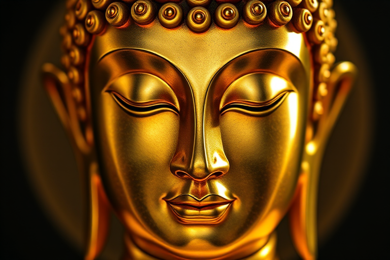 Generate a highly detailed vector image of a Buddha head in a gold and black color scheme, focus on intricate facial features and texture, shot with a Canon EOS 5D Mark IV, 50mm lens, f/1.8 aperture, high dynamic range, soft lighting.