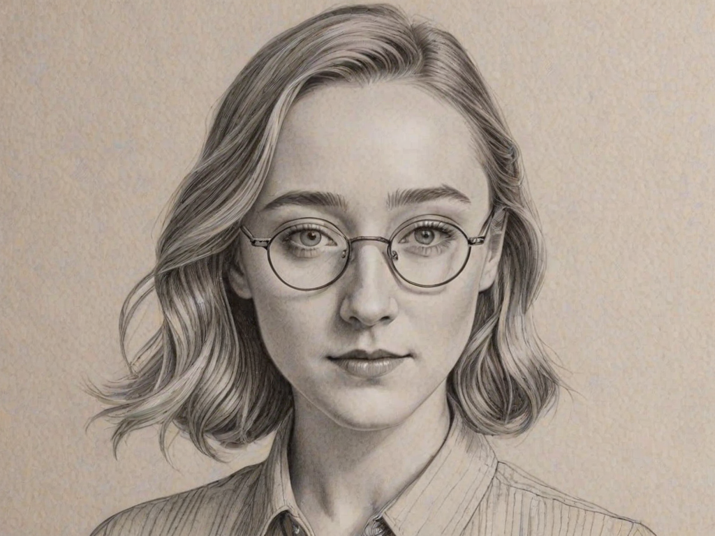 Pleasing Saoirse Ronan, pencil sketch, portrait of Radiant woman 1930s in glasses, hair style beatnik, outline, clear lines, fine lines, 8k