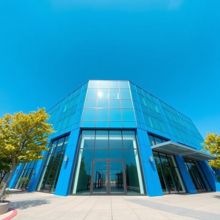 A modern blue building with large glass windows under a clear blue sky, taken with a DSLR camera at f/8, ISO 100, 24mm focal length, low angle view, wide-angle lens for enhanced perspective.