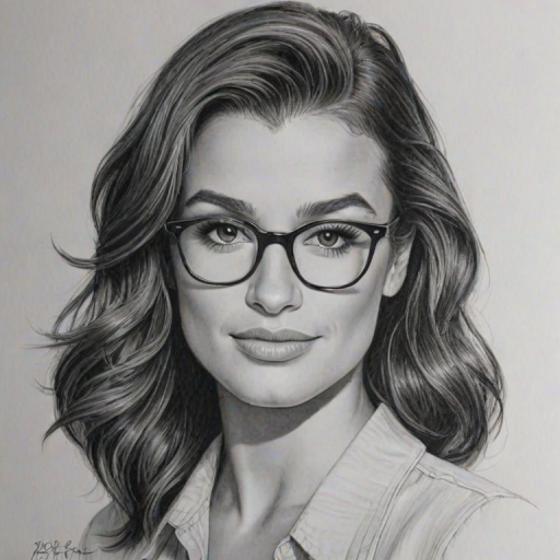Ravishing Lea Michele, pencil sketch, portrait of Alluring woman 1939s in glasses, hair style beatnik, outline, clear lines, fine lines, 8k