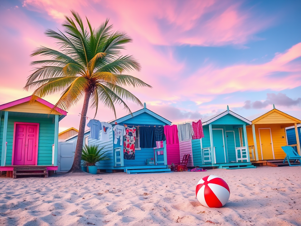 generate a vibrant beach scene with colorful beach houses, a palm tree, clothes hung on a line, and a beach ball on the sand; camera type: DSLR, camera style: wide-angle, camera settings: aperture f/8, shutter speed 1/200 sec, ISO 100, focus mode: manual.