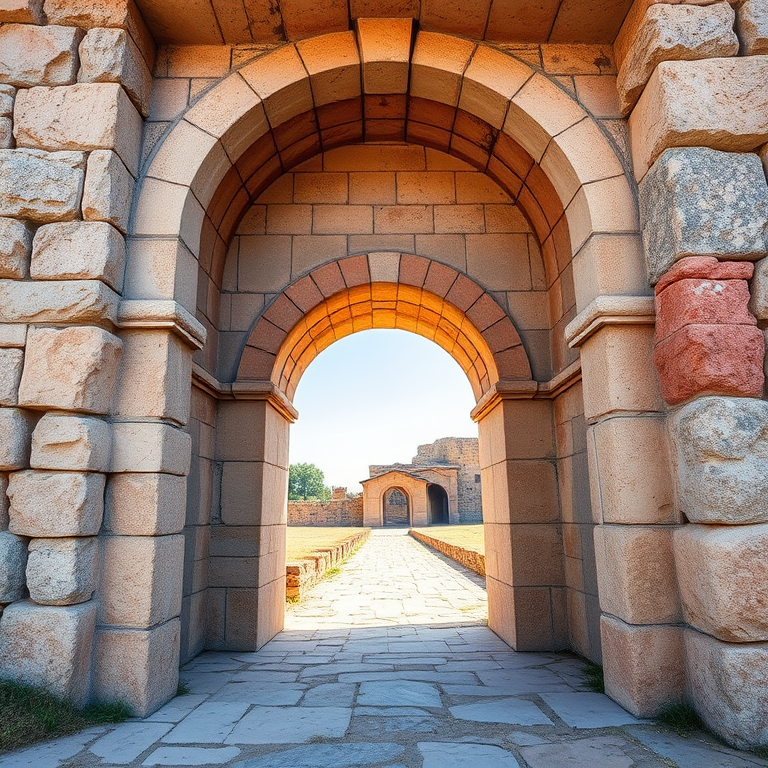Regenerate a high-resolution image of an ancient stone archway with vibrant colors and a clear view of the surrounding environment, using a DSLR camera, 24mm lens, f/8 aperture, ISO 100, natural lighting, and a slight vignette effect for emphasis.