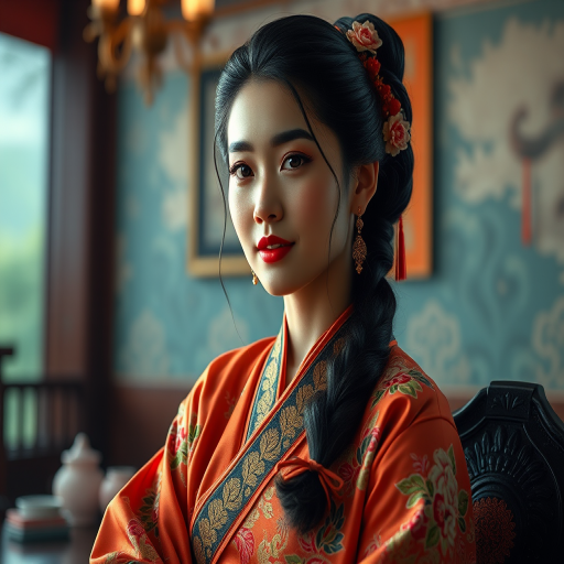 A beautiful Pacific Islander woman in traditional East Asian attire, intricately detailed with embroidered patterns, sitting gracefully in a richly decorated room, soft ambient lighting, serene and elegant, ultra-realistic, 8K resolution