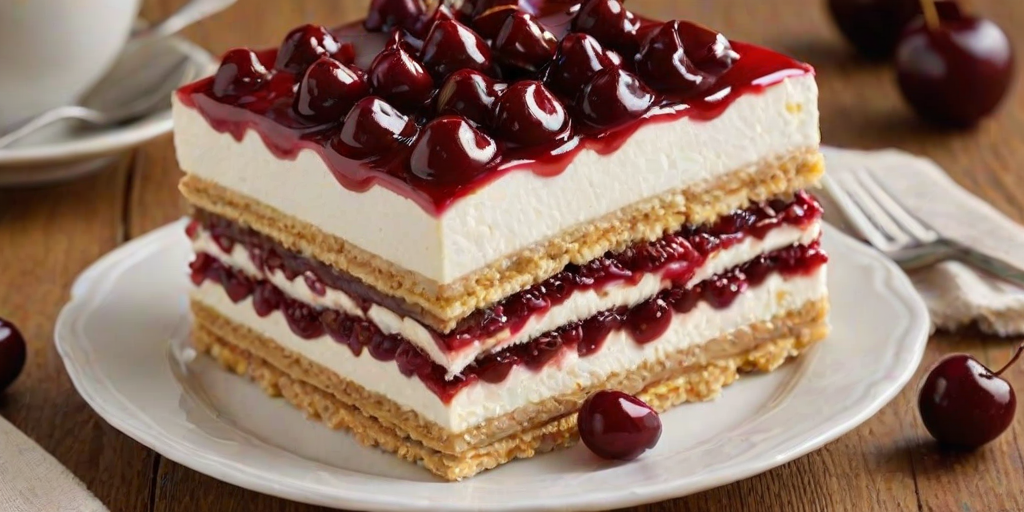 Create an image of a layered dessert featuring a creamy filling between layers of crunchy wafers. The top should be generously covered with a glossy cherry topping, with some cherries visible. The dessert should be presented on a simple white plate against a rustic wooden background.