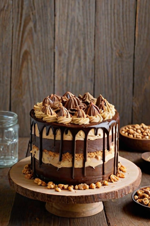 Create a delicious multi-layered cake with a smooth buttercream frosting. The cake should feature a rich chocolate ganache drip along the edges, topped with swirls of creamy frosting and pieces of peanut butter cups. Garnish with crushed nuts and chocolate shavings for added texture. Place the cake on a rustic cake stand with a wooden background for a warm presentation.