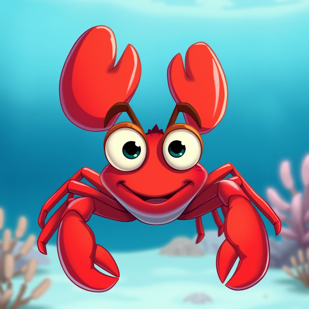 Create a vibrant cartoon illustration of a cheerful red lobster with large expressive eyes, set against a soft blue underwater background, captured in high resolution with a Canon EOS R5, 85mm f/1.2 lens, f/4 aperture, and natural lighting for enhanced colors and details.