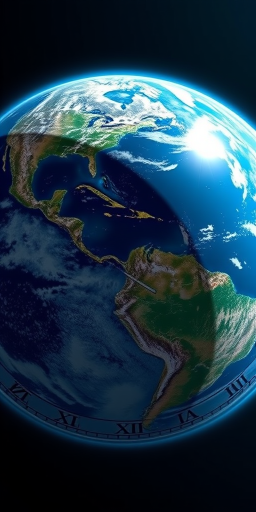 Create a high-resolution image of a globe depicting the Americas, encircled by a clock face with Roman numerals, viewed from space with a wide-angle lens, using a DSLR camera set at f/8 aperture, ISO 100, and 24mm focal length.