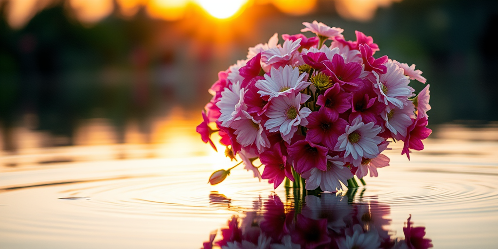 A vibrant bouquet of pink and white flowers reflecting in calm water, captured during golden hour, using a DSLR camera with a 50mm lens, aperture set to f/1.8, ISO 200, shallow depth of field, vibrant color saturation, and soft background blur.