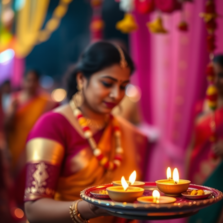 Shoot a vibrant Diwali celebration scene with a focus on a woman in traditional attire gently placing a tray of flowers and lamps, bokeh background, shallow depth of field, ISO 200, f/1.8, 50mm lens, soft warm lighting, DSLR camera.