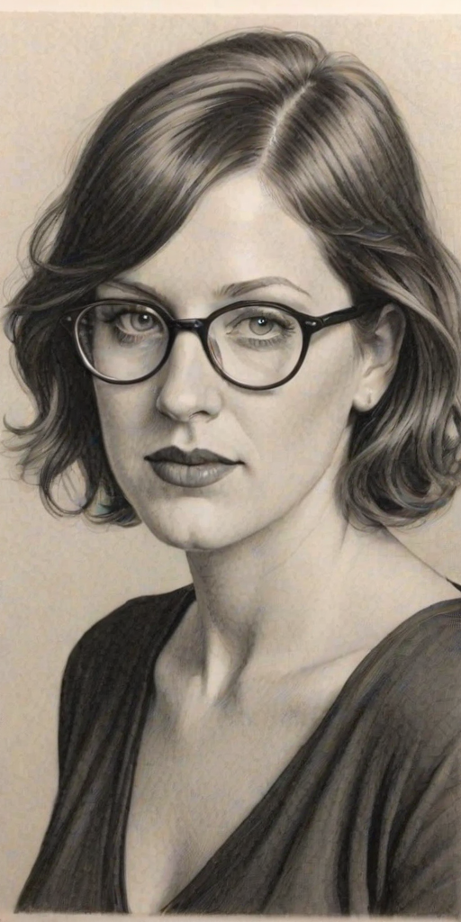 Delightful Allison Tolman, pencil sketch, portrait of Appealing woman 1924s in glasses, hair style beatnik, outline, clear lines, fine lines, 8k