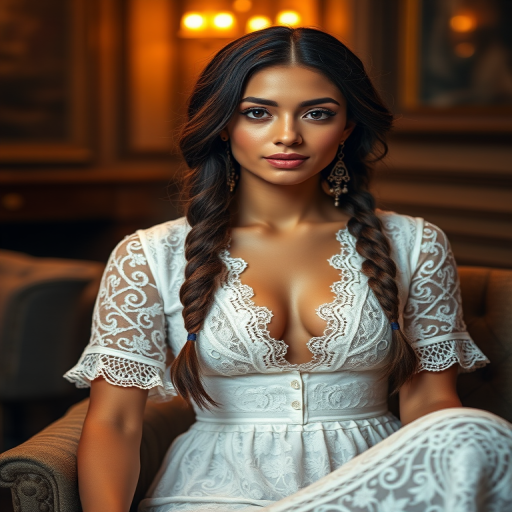 Create a portrait of a refined and elegant Coptic woman seated in a sophisticated setting. She has long, wavy hair styled in two thick braids that are pulled over her shoulders. She wears a white, lace gown with intricate patterns, featuring a deep V-neckline and short sleeves. The dress exudes a vintage charm with its delicate lacework. She is adorned with ornate, dangling earrings that add a touch of glamour to her appearance. The background is softly lit, with warm, ambient lighting that creates a cozy and inviting atmosphere. Her expression is poised and serene, capturing a sense of grace and elegance.