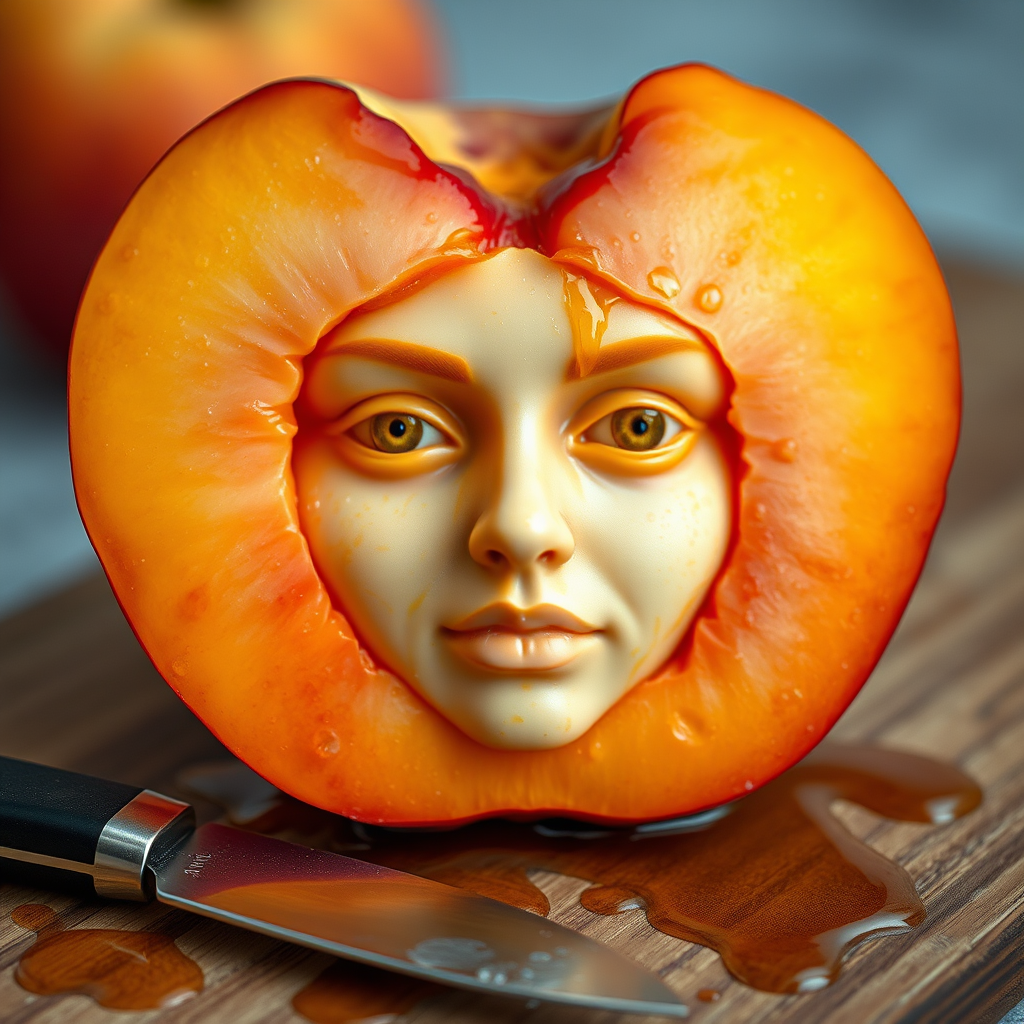A hyperdetailed photorealistic macro color saturated high resolution image of a peach cut in half, with the peach pit being a highly detailed sculpted woman's face with her eyes open and peach-colored irises. The face has a marble texture. The image includes condensation, moisture, and peach juice. The peach is on a wooden cutting board with a small fruit knife nearby, also covered with juice.