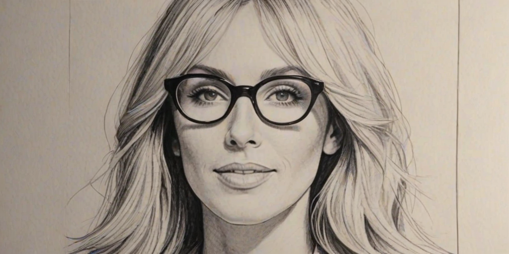 Radiant Alana Stewart, pencil sketch, portrait of Superb woman 1971s in glasses, hair style beatnik, outline, clear lines, fine lines, 8k